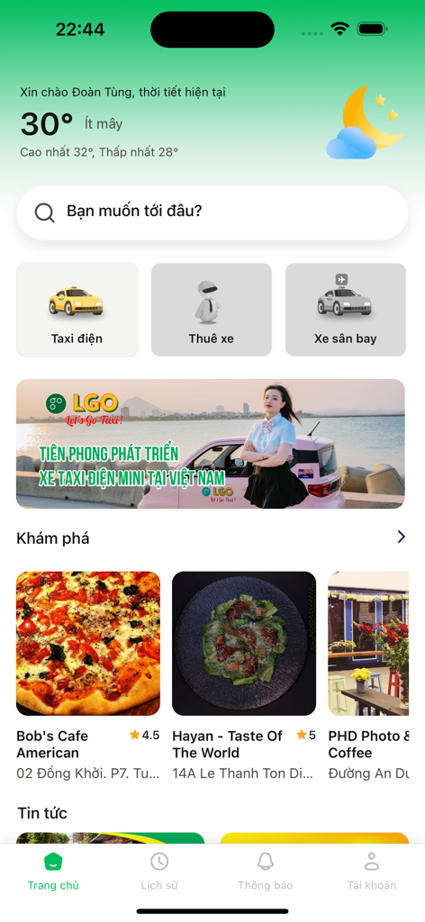 Lets Go Taxi - Lets Go Taxi app interface showing electric taxi booking options and local restaurant recommendations in Vietnam