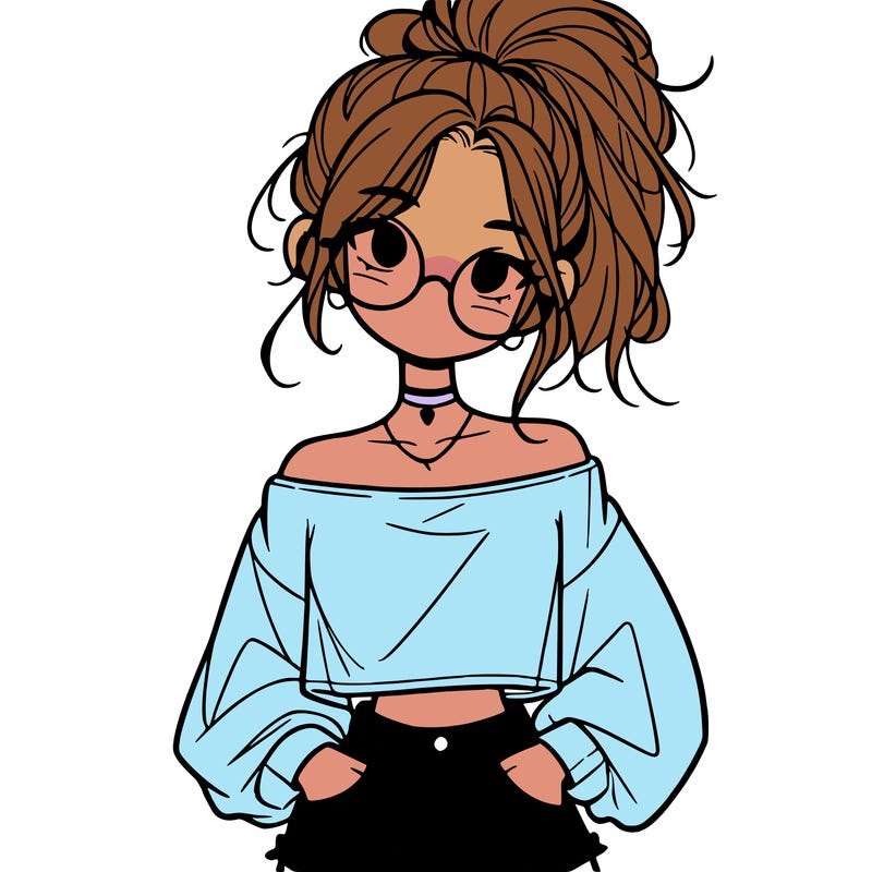 girl with a messy ponytail glasses a baggy crop top and jean shorts