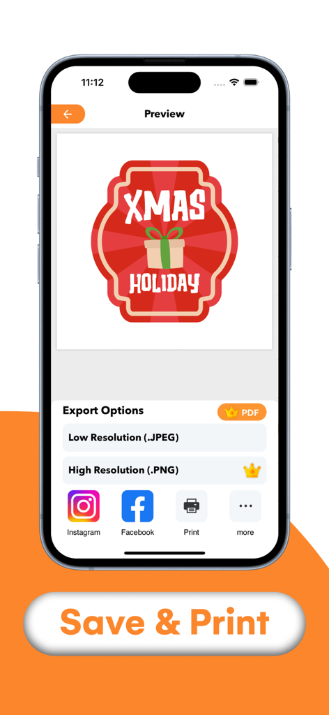 A smartphone screen displaying export options for a custom holiday label with save and print buttons
