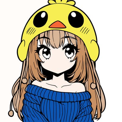 anime girl with chick shaped hat with sweater with bare shoulders with bangs covering them one eye with low tail