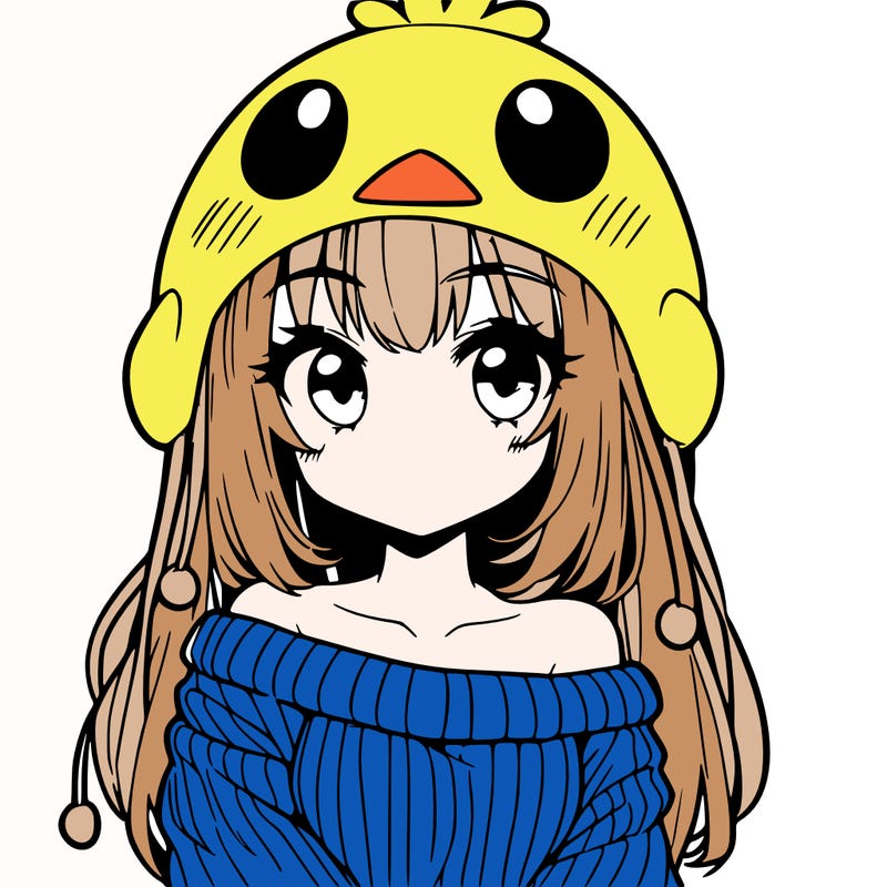 anime girl with chick shaped hat with sweater with bare shoulders with bangs covering them one eye with low tail