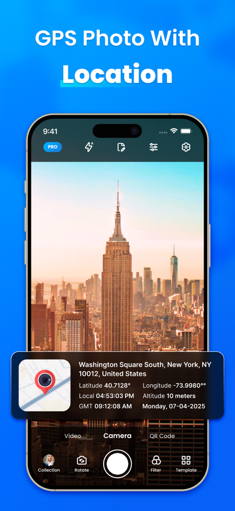 Ein Screenshot der GPS Map Camera App, der eine Aufnahme der Skyline von New York City mit einem Overlay anzeigt, das die genaue Adresse, GPS-Koordinaten und den Zeitstempel zeigt.