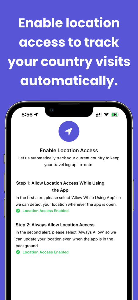Places Been: Country Tracker - Setup screen to enable automatic location tracking for country and state visits