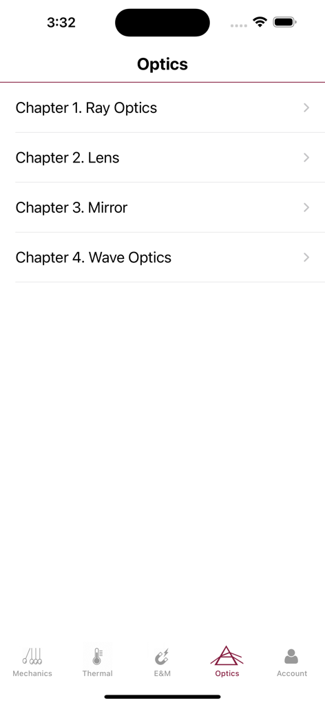 Physics Master - Physics Master app optics module showing ray optics lens mirror and wave optics chapters