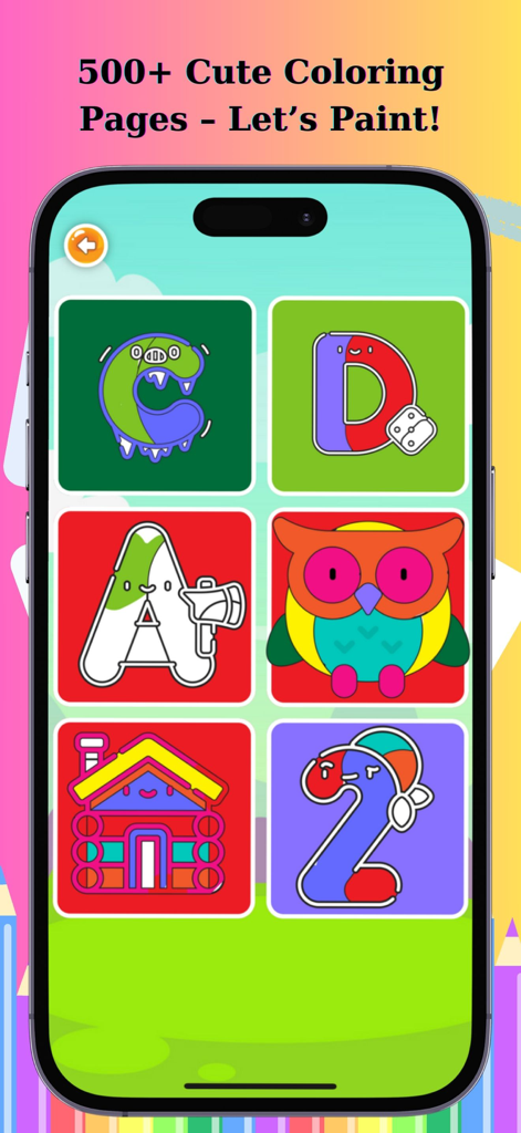 Draw & Color - Creative Art - Menu screen showing various coloring page categories like letters animals and houses in a kids drawing app