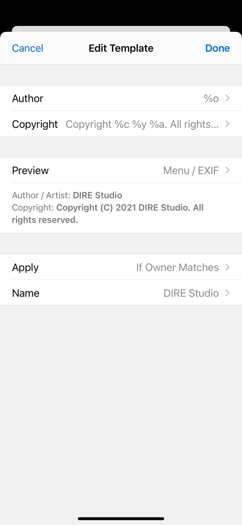 ShutterCount Pro Mobile app screen for editing camera author and copyright metadata templates