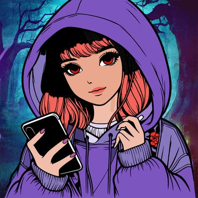 realistic girl with oversized hood and holding a phone