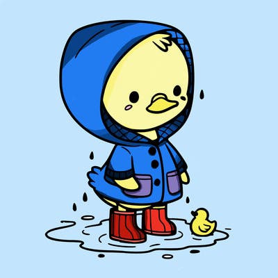 baby duck in a rain coat and boots, in a puddle while it’s raining