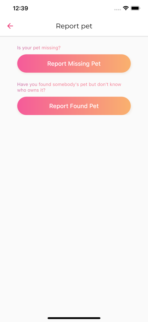 Mobile app screen showing options to report a missing pet or report a found pet