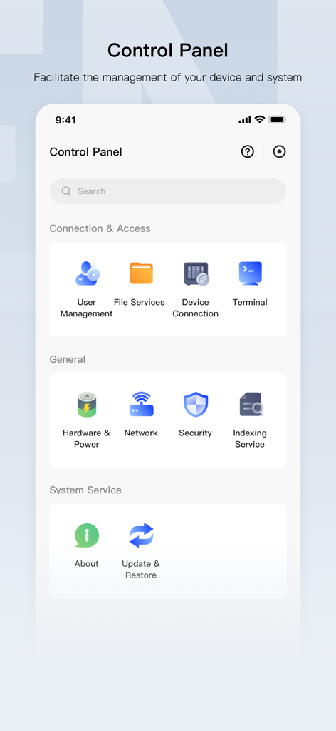 UGREEN NAS - UGREEN NAS mobile App Bedienfeld-Oberfläche mit Anzeige von Systemverwaltung und Konfigurationseinstellungen
