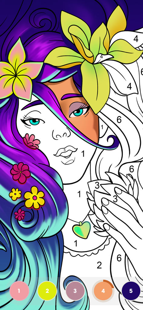 Paint by Number: Coloring Game - Digital coloring interface featuring a portrait of a woman with flowers and numbered sections for painting.