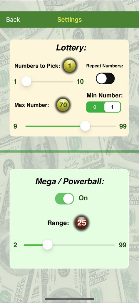 My Lottery Pro - Settings screen of the My Lottery Pro app showing options to customize number ranges and pick counts for lottery games.