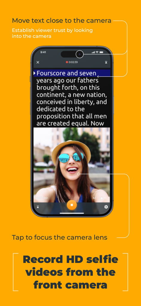Smartphone screen showing the PromptSmart app recording a selfie video with teleprompter text positioned near the front camera for better eye contact