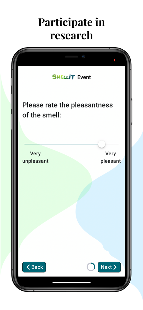 SMELLiT - SMELLiT 앱의 모바일 인터페이스는 과학 연구를 위해 냄새의 즐거움을 평가하는 설문조사를 보여줍니다.