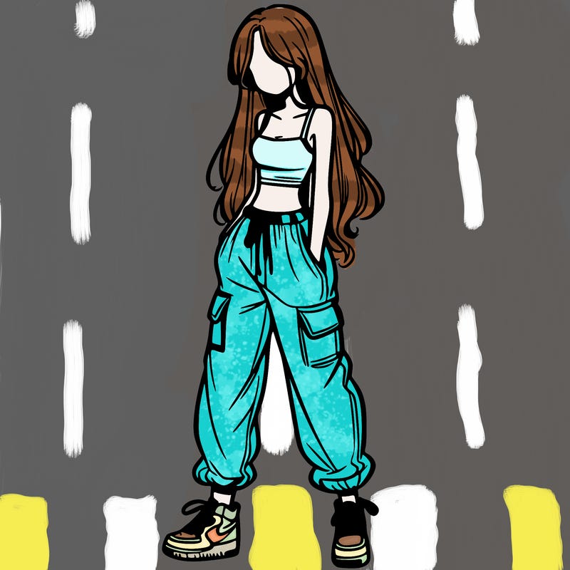 girl in baggy pants crop top and long hair