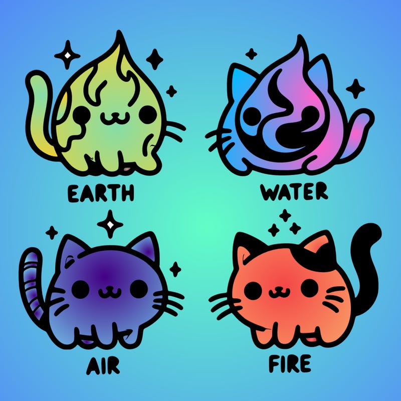 4 cats that represent the different elements, earth, water, air, and fire