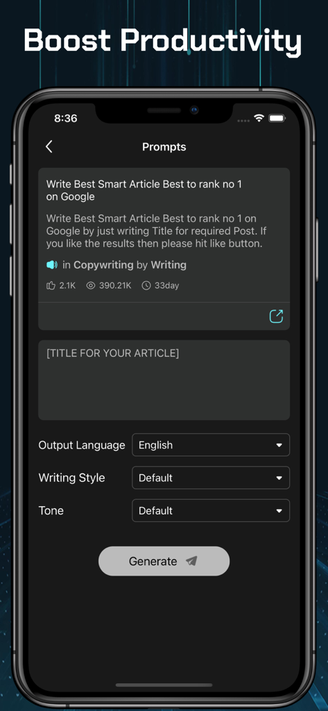 AIPRM app interface for generating SEO articles using AI writing prompts