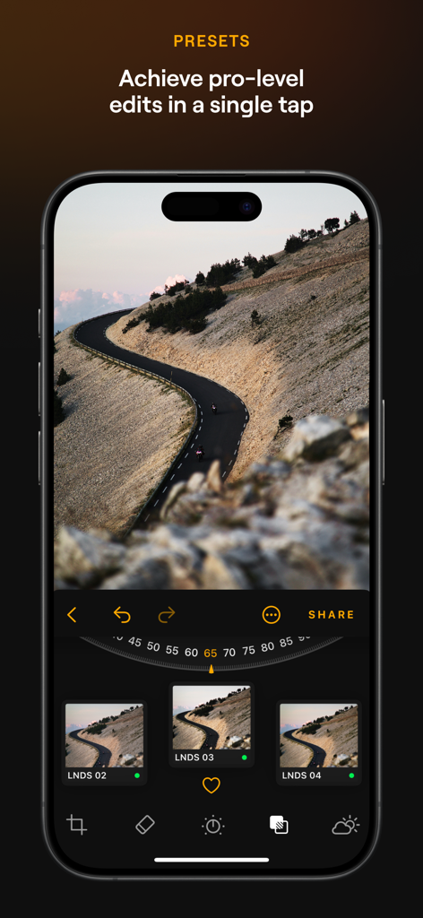Luminar Mobile AI Photo Editor - Aplicación Luminar Mobile que muestra ajustes preestablecidos de fotos de paisajes y un dial de edición de nivel profesional