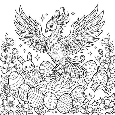 Discover a truly unique coloring experience with our Ash Phoenix Easter page, blending powerful symbolism with joyful spring festivities. This enchanting design features a majestic phoenix alongside cheerful bunnies, decorated eggs, and blooming flowers, ready for your creative touch.