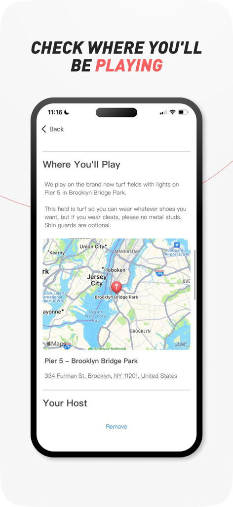 GoodRec - スポーツフィールドの詳細と地図の場所が表示されたGoodRecアプリの画面