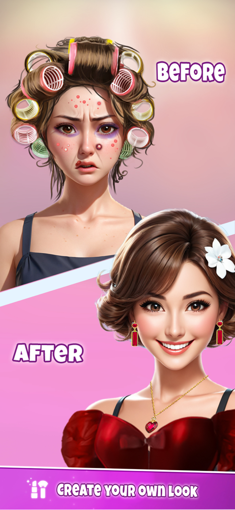 Makeup Game - Fashion Makeover - Antes e depois do fashion makeover mostrando a transformação de uma garota com cabelo bagunçado e acne para um look de beleza glamouroso