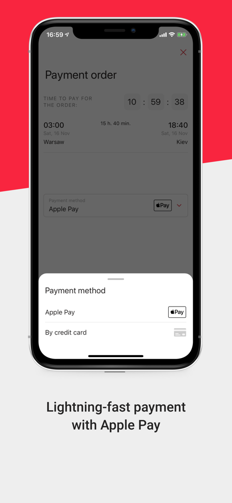Mobile app screen showing Apple Pay and credit card payment options for a bus ticket