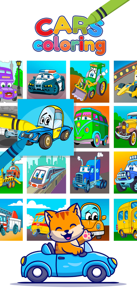Menu screen showing various cartoon vehicles available for coloring in the app