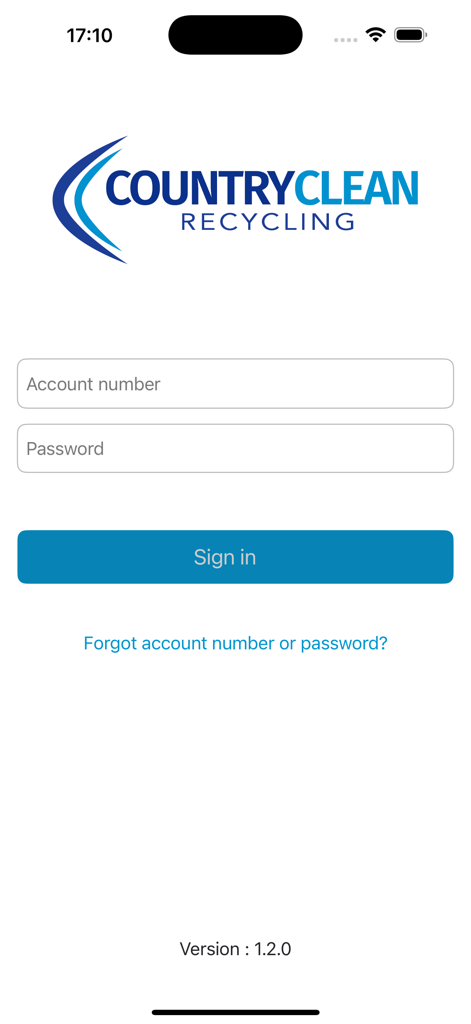 Country Clean Customer App - Login screen of the Country Clean Recycling app featuring account number and password fields