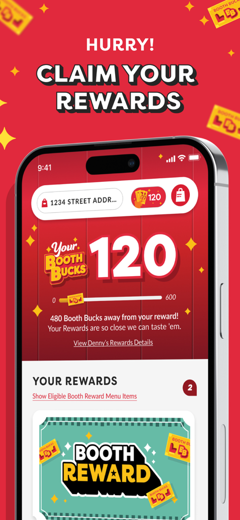 Denny's app interface showing Booth Bucks loyalty points and progress towards a reward.