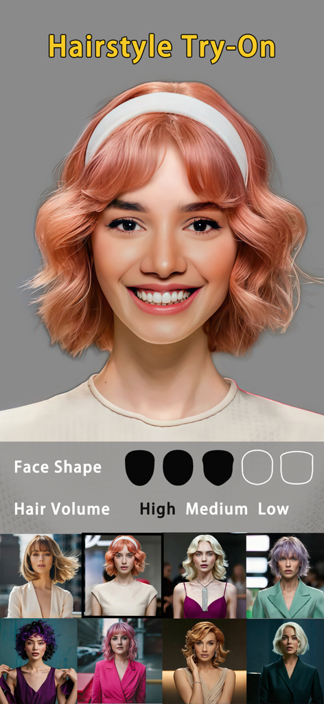 Hair AI: Hairstyle Try-On - Hair AI app screen showing virtual hairstyle try-on with face shape and hair volume filters