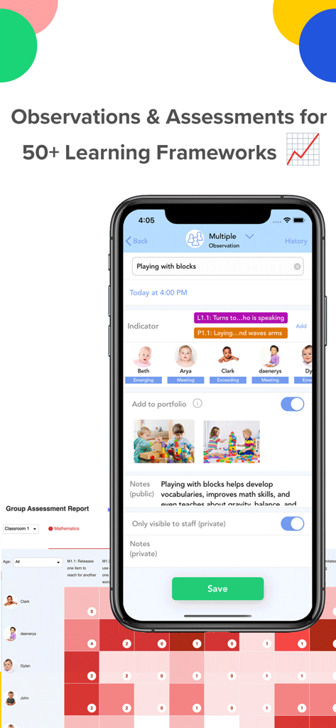Pantalla de la aplicación móvil que muestra observaciones del desarrollo infantil y evaluaciones del marco de aprendizaje para centros de cuidado infantil.