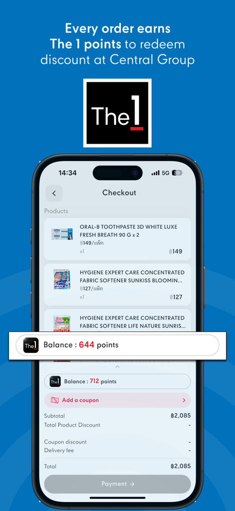 Mobile checkout interface of GO WHOLESALE app showing order summary and integrated The 1 loyalty points balance