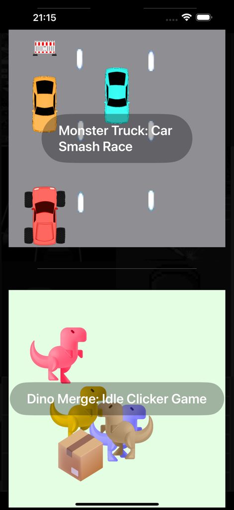 20 Mini Games: Watch & Phone - Screenshots of Monster Truck Car Smash Race and Dino Merge Idle Clicker mini games from the 20 Mini Games app.