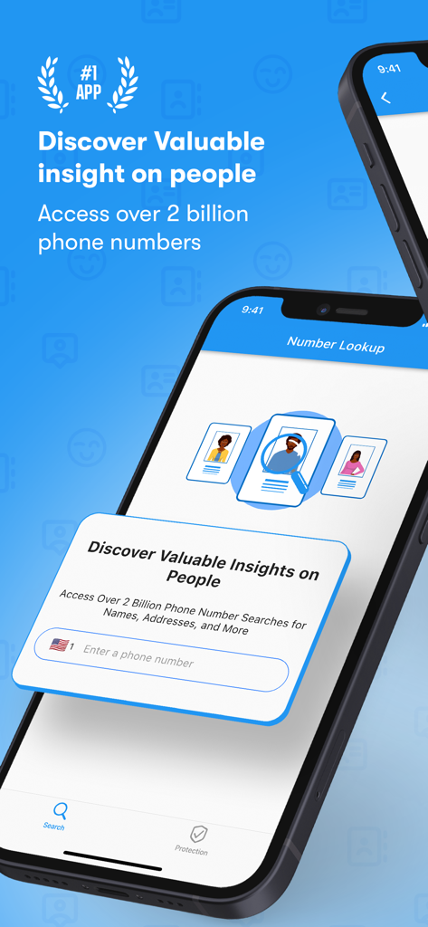 Number Finder: Who is calling? - Number Finder app interface for reverse phone lookup with access to over 2 billion numbers