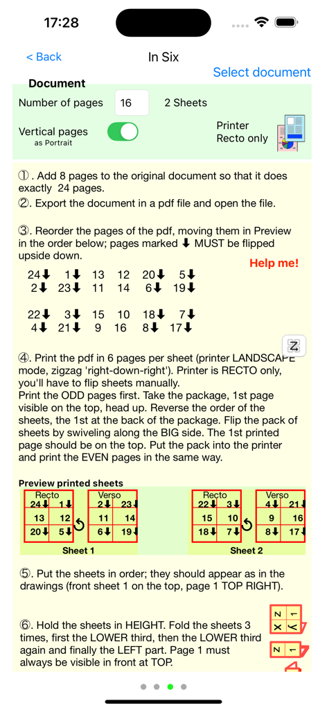 Step by step instructions for printing and folding an In Six booklet using the In Folio app