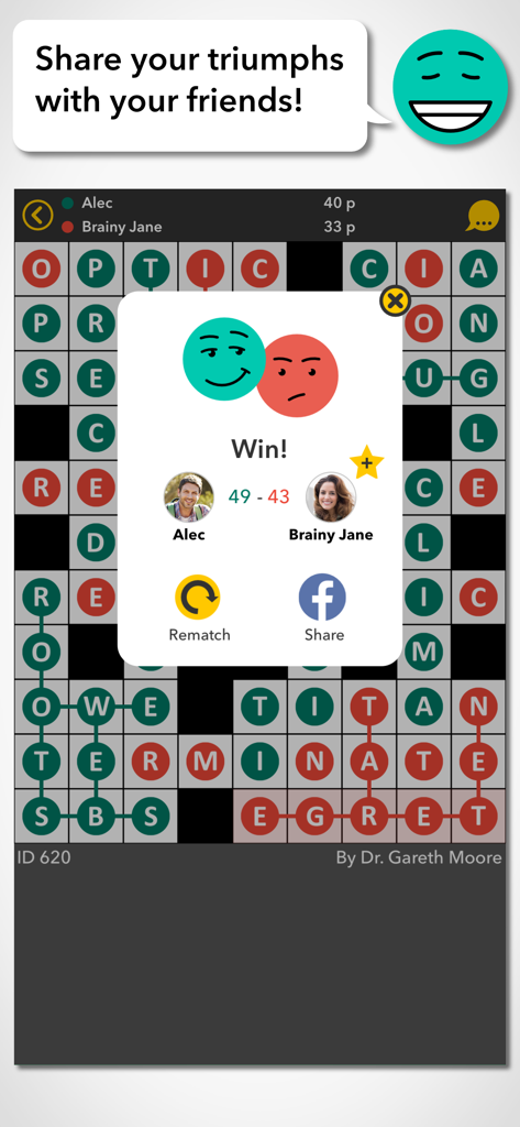 Cross Boss - Cross Boss game results screen showing a player winning a competitive crossword match and options to share or rematch.