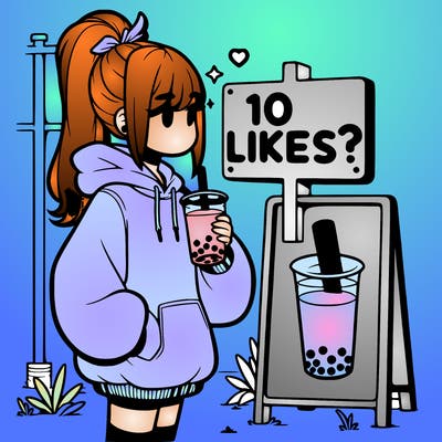 girl with oversized hoodie drinking boba and she has a high ponytail with a sign that says 10likes?