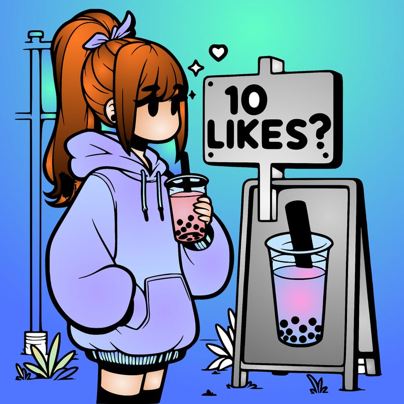 girl with oversized hoodie drinking boba and she has a high ponytail with a sign that says 10likes?
