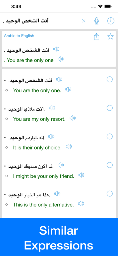 Arabic Translator Offline - Arabic Translator app interface displaying similar sentences and expressions for English translation