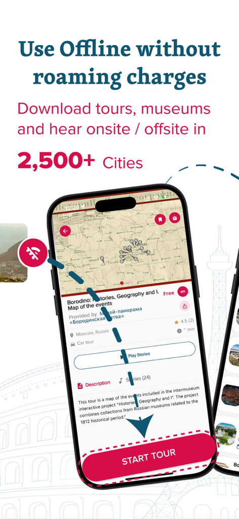 Interfaz de la aplicación izi.TRAVEL que muestra las funciones del tour de audio sin conexión y el mapa.