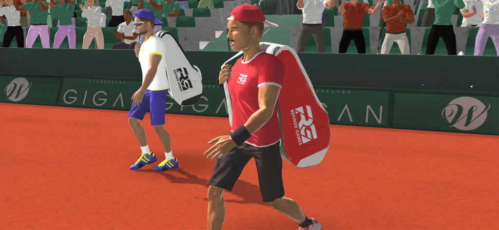 Two 3D tennis players walking onto a red clay court carrying equipment bags in Cross Court Tennis 3