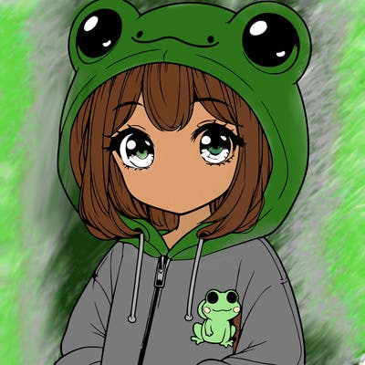 cute realistic girl in a froggy hoodie