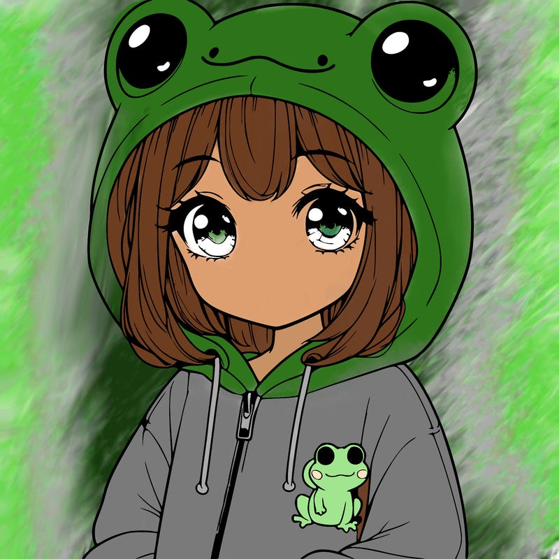 cute realistic girl in a froggy hoodie