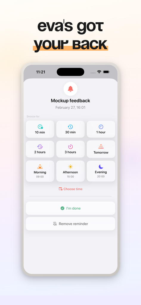 Calendar & Daily Planner - Eva - Snooze-Optionen für eine Aufgabenerinnerung in der Eva-Kalender-App, einschließlich 10 Minuten, 1 Stunde und Vormittags- oder Nachmittagsvoreinstellungen