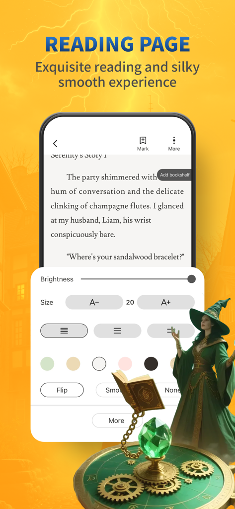 DreamNovel - Stories & Novels - DreamNovel app reading screen showing font and theme customization features