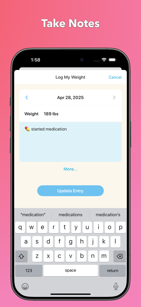 Pantalla de la aplicación Happy Scale que muestra una entrada de peso con una nota personalizada sobre el inicio de la medicación