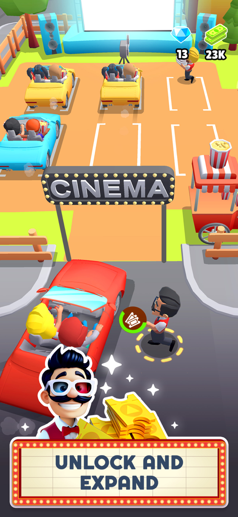 My Cinema World - Gerenciando um cinema drive-in com carros e pipoca em Meu Mundo do Cinema