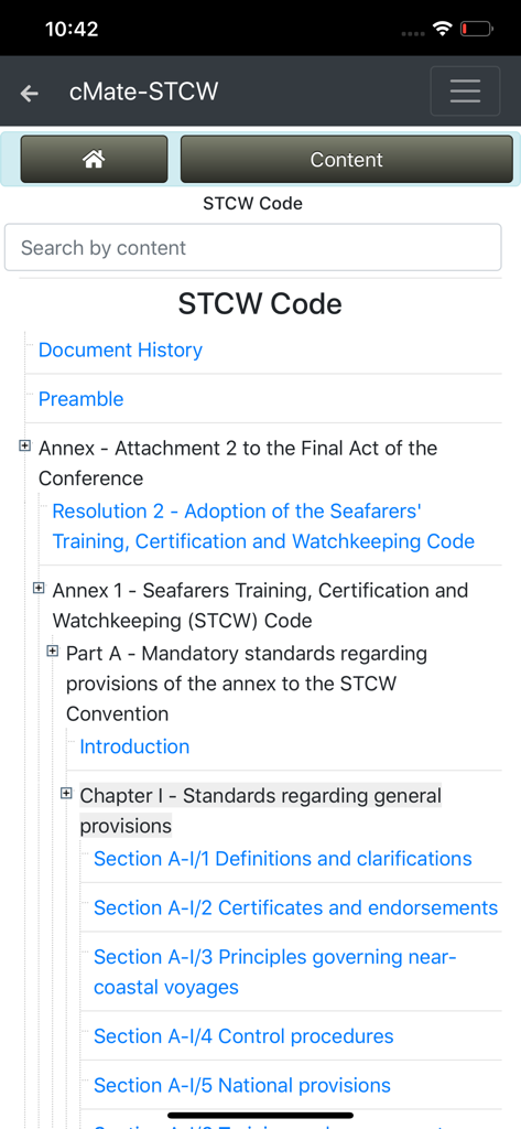 cMate-STCW - cMate-STCW app interface showing the navigation menu for maritime training and certification regulations