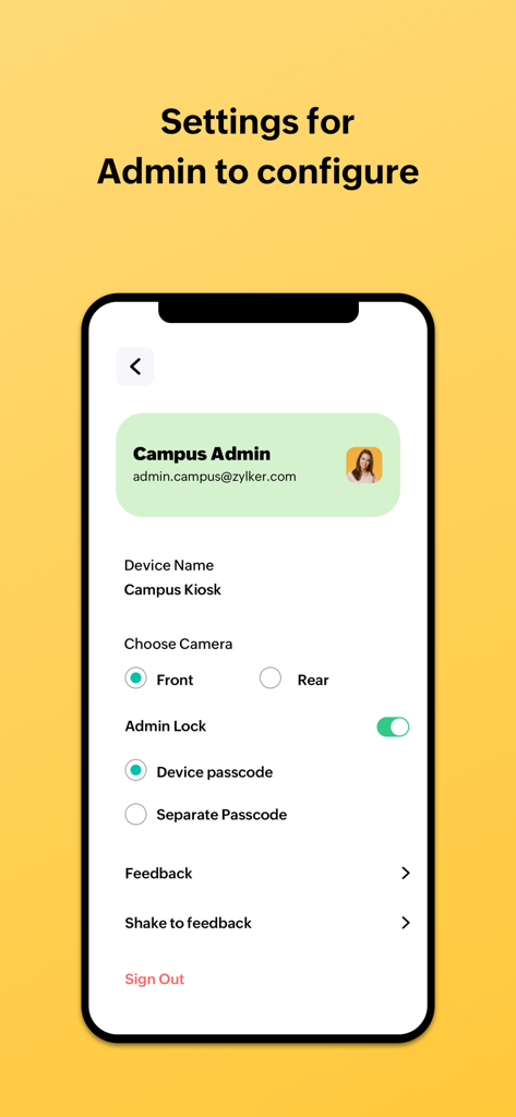Admin configuration screen for Zoho People Kiosk attendance management system