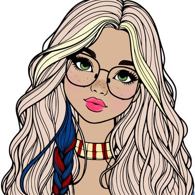 girl with long hair and freckles and glasses realistic